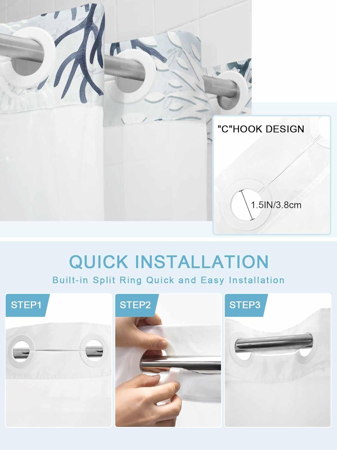 No Hook Shower Curtains with Snap in Liner, Blue Sea Turtle Waterproof Fabric Shower Curtain, Coastal Ocean Beach Coral Nautical Double Layers & See-Through Top Window Bathroom Curtains 72''x72''
