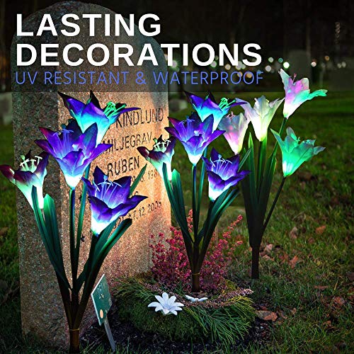 Pure Ponta Solar Flower Lights | 2 Pack of Solar Stake Lights with 8 Solar Flowers | Multi Color Changing LED Flower Lights Powered by Premium Solar Panels (4 White & 4 Purple Solar Flowers)