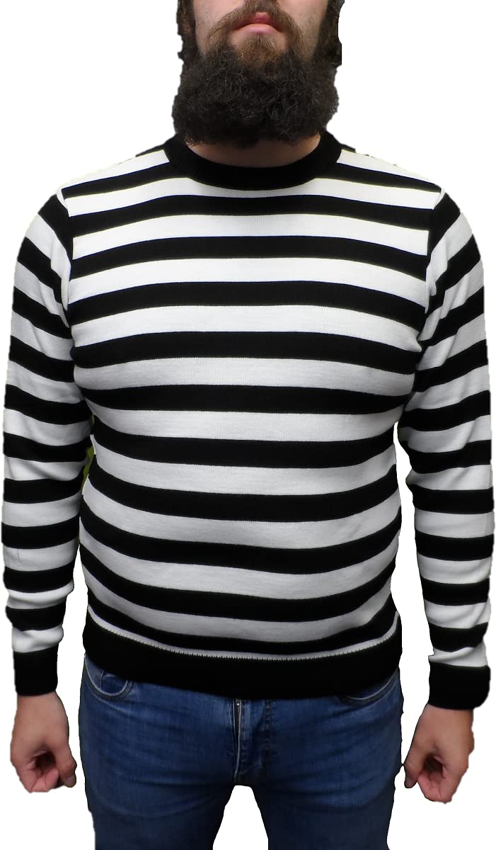 Mazeys Mens Retro Striped Crew Neck Long Sleeve Jumper (White/Black) Size Large