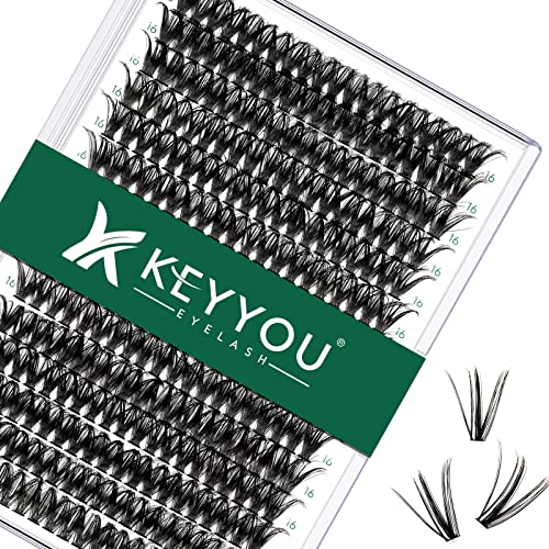 Lash Clusters 300pcs Individual Lashes 50D 0.07C Curl 16mm DIY Eyelash Extension KEYYOU Large Tray Volume Soft&Natural Cluster Lashes(50D-0.07C,16）