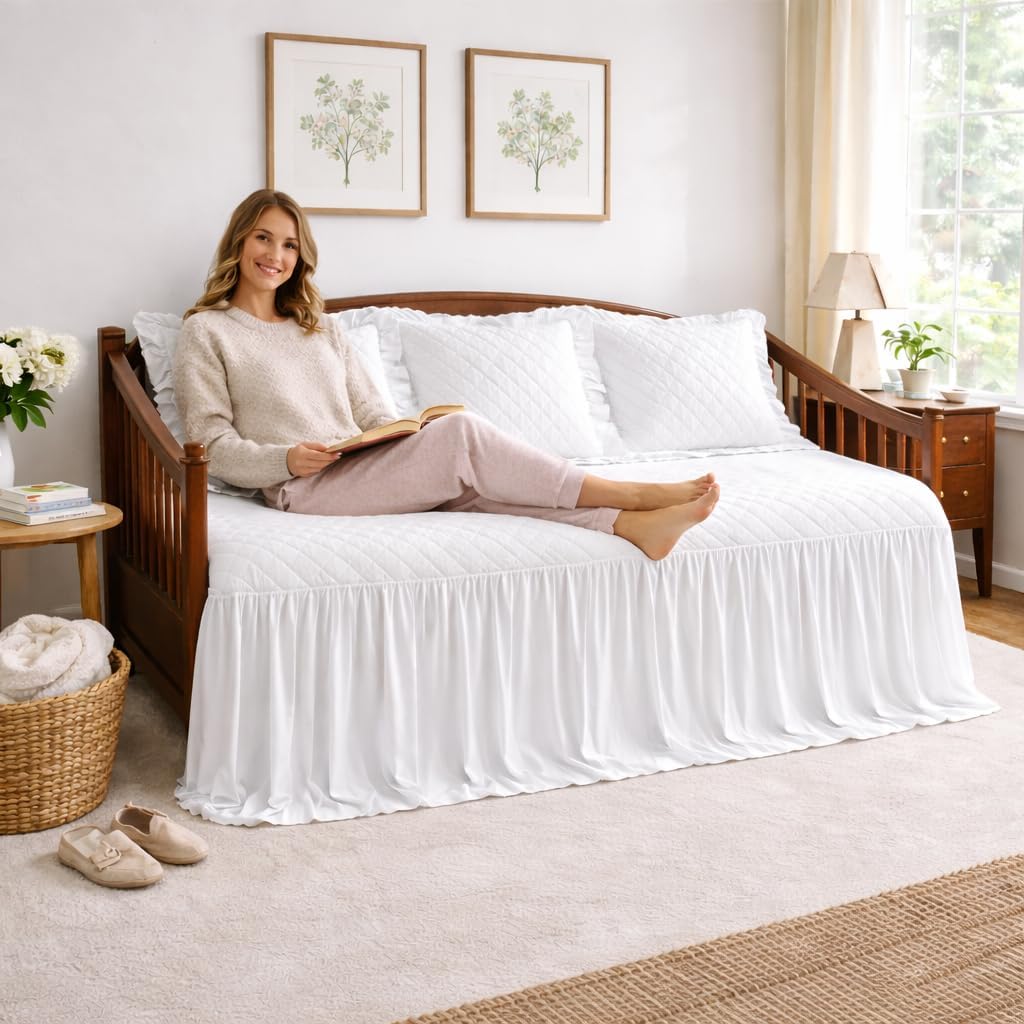 Cottington Lane Twin Ruffle Skirt Daybed Cover 4 Piece Bedspread Set, Brushed Microfiber 26" Long Drop, Vintage Quilted Summer Coverlet Bed Spreads, Lightweight Farmhouse Chic Style Bedding, White
