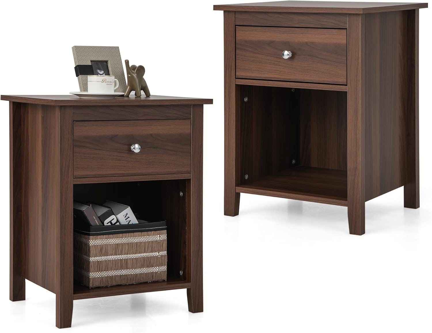 Giantex Walnut Nightstand Set of 2 with Storage Drawers and Open Shelf