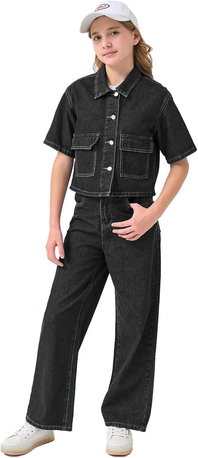 Girls 2-Piece Denim Set, 90s Vintage Short Sleeve Jacket & Straight-Leg Pants, Classic Casual School Outfit 8-12Y