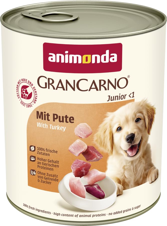 animonda GranCarno Junior mit Pute (6 x 800 g), Welpenfutter für Jungtiere, Nassfutter für Hunde mit 100% frischen, fleischlichen Zutaten, Hundefutter ohne Getreide