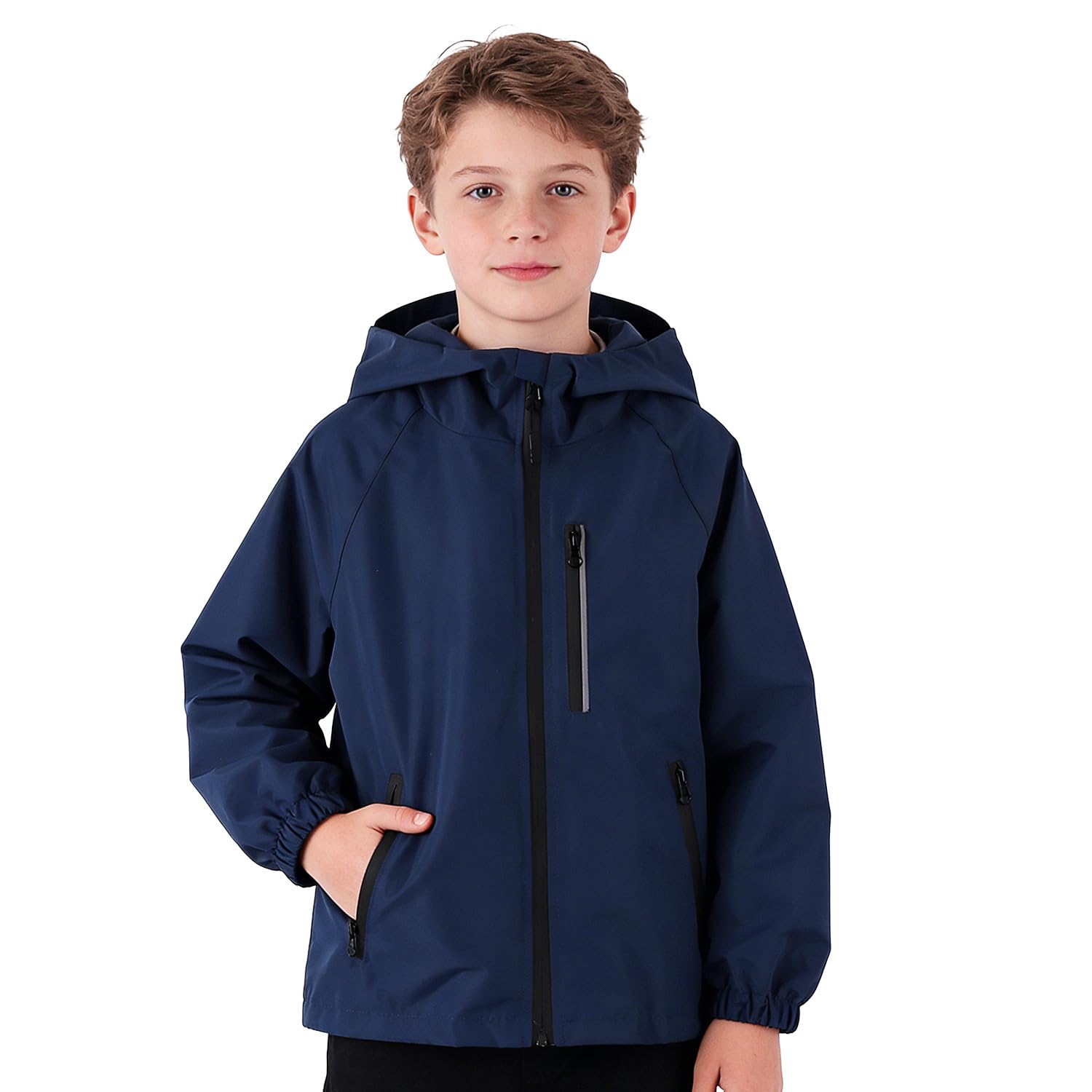 JinBei Blouson Fille Garçon Veste à Capuche Coupe-vent Léger Doux Imperméable Manteau avec Bandes Réfléchissantes et Poches Zippées Printemps Automne Enfant Voyage Scolaire Sport 5-13 Ans