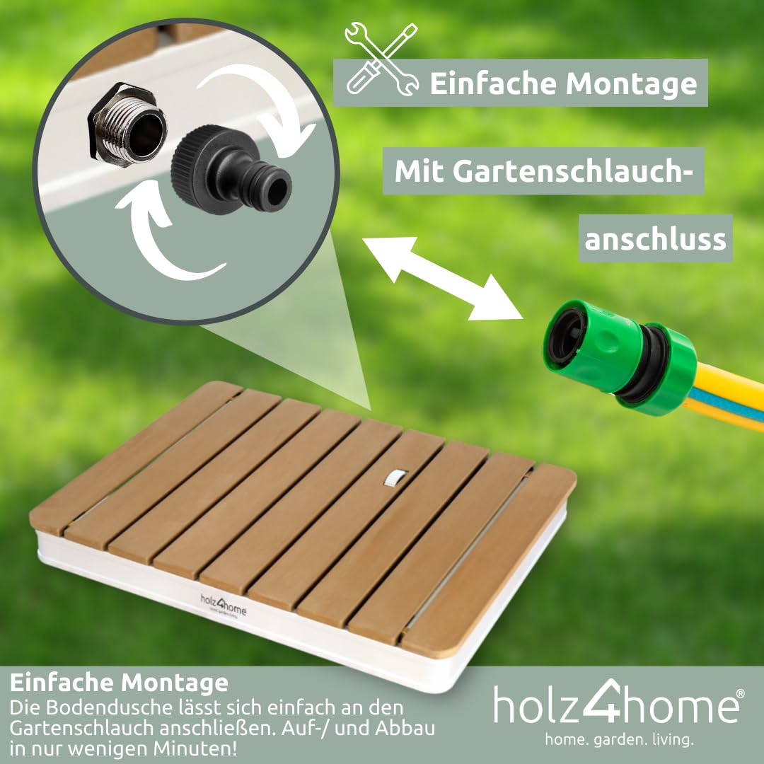 holz4home® Bodendusche als Gartendusche oder Pooldusche I Eckig aus WPC und Aluminium I Höhenverstellbarer Wasserstrahl mit Fußrad I Saunadusche Outdoor mit Gartenschlauchanschluss