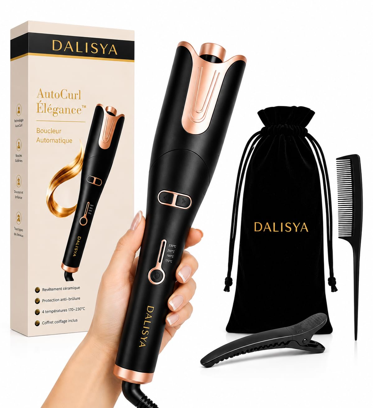 Boucleur Automatique DALISYA AutoCurl Élégance™ – Fer à Boucler Automatique Céramique 170-230°C – Boucles Naturelles Ondulations Wavy – Rotation Gauche/Droite – Idée Cadeau Femme