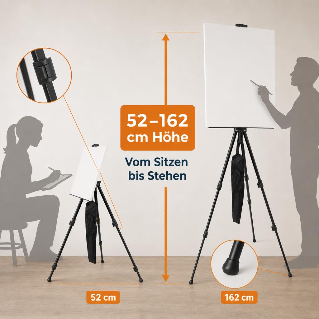 MIJOMA Składana sztaluga metalowa z torbą do przenoszenia – regulacja wysokości od 52 do 162 cm, do płócien do 80 cm – stabilna, lekka i mobilna dla artystów, prezentacji, plakatów i ekspozycji