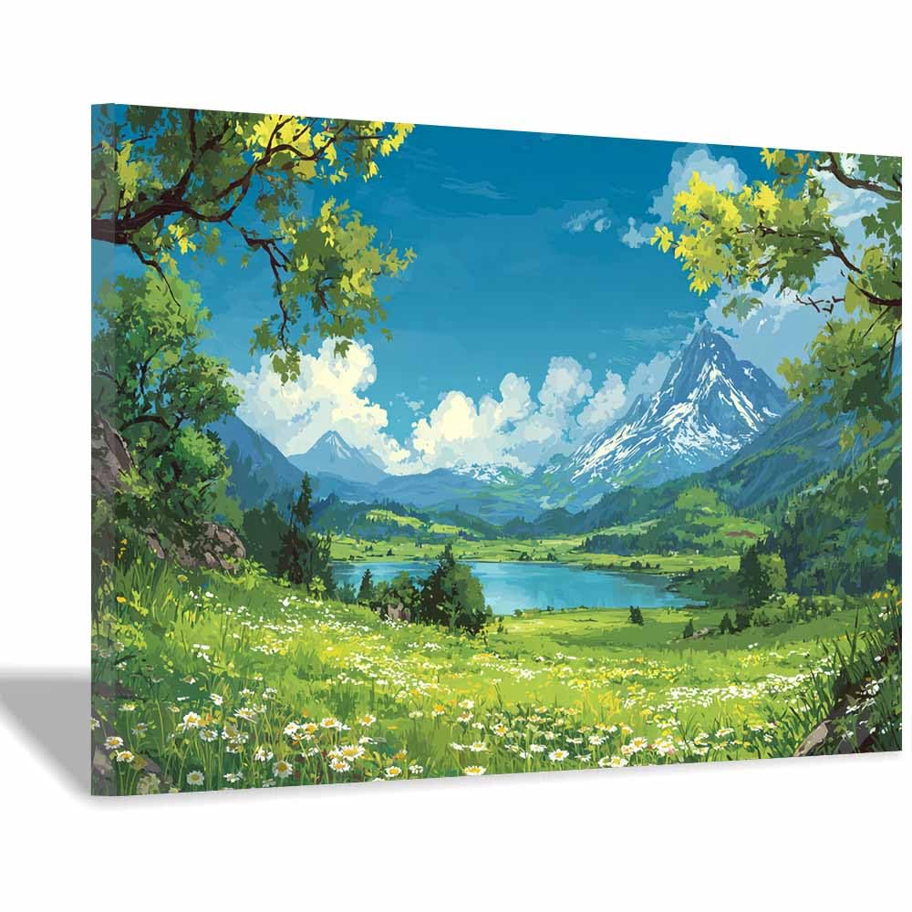 HOQIU Beautiful wall art Mountain Valley Lake canvas artwork for wall, art prints, For living room, bedroom, bathroom, dining room, painting and decor.(Multicolor)-80x120cm Framed