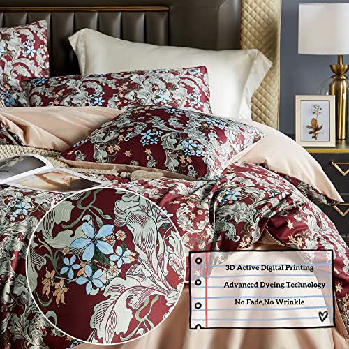 Oranfran Red Floral Duvet Cover Set,5 Pcs Colorful Blossom Print Comforter Covers Set,King Duvet Cover,Soft Bedding Set,Reversible Design(Summer,King/California King) #TOP2