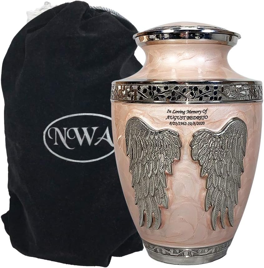 Angel Wings Large Pink Funeral Cremation Urn with Personalization and Velvet Bag