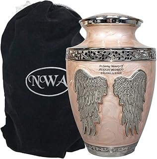 NWA Custom Engraved Large Angel Wings Pink Mother of Pearl Brass Funeral Cremation Urn with Personalization