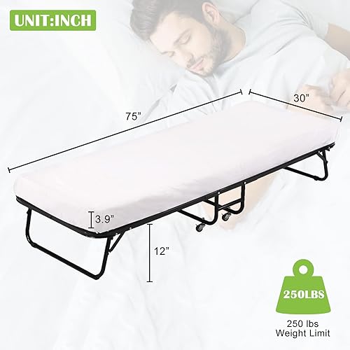 Miniatura 5 de Base de cama plegable individual con ruedas giratorias, cama plegable portátil para adultos, marco de cama de metal con colchón de espuma
