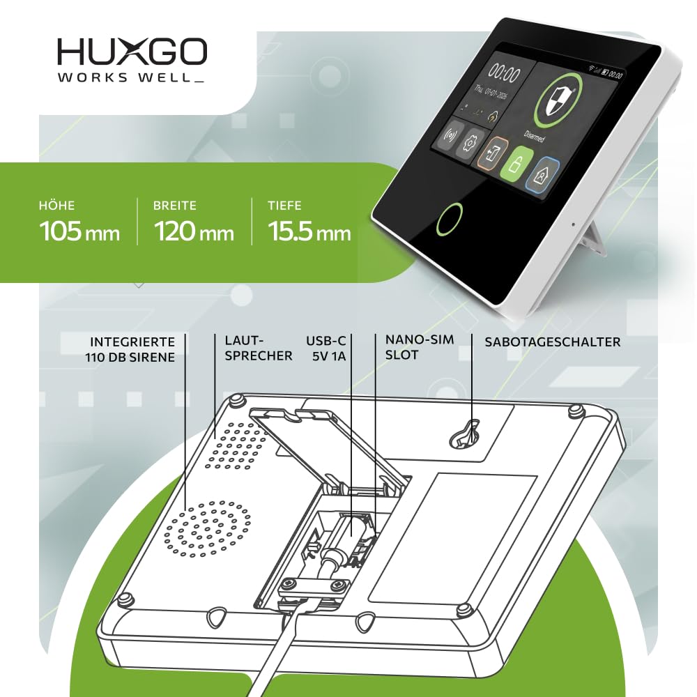 Funk Alarmanlage Set Haus mit Solar-Alarmsirene WLAN + GSM 4G | 1x Bewegungsmelder, 1x Tür- & Fenstersensoren | steuerbar über das Smartphone/App – Modell HUXGO HXA502