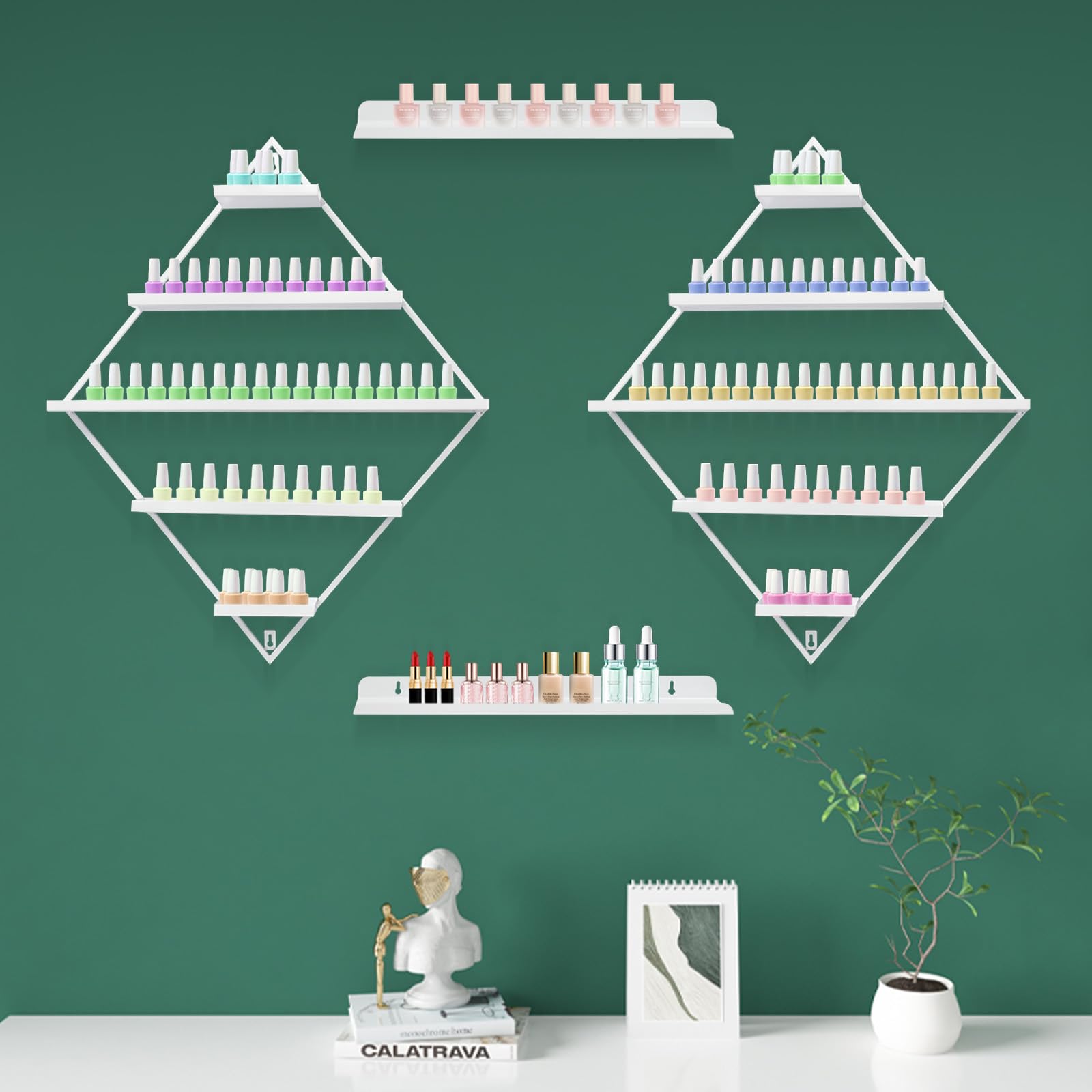Scaffale per smalti in metallo a forma di diamante, organizzatore per smalto per unghie, oli essenziali, rossetto (bianco)