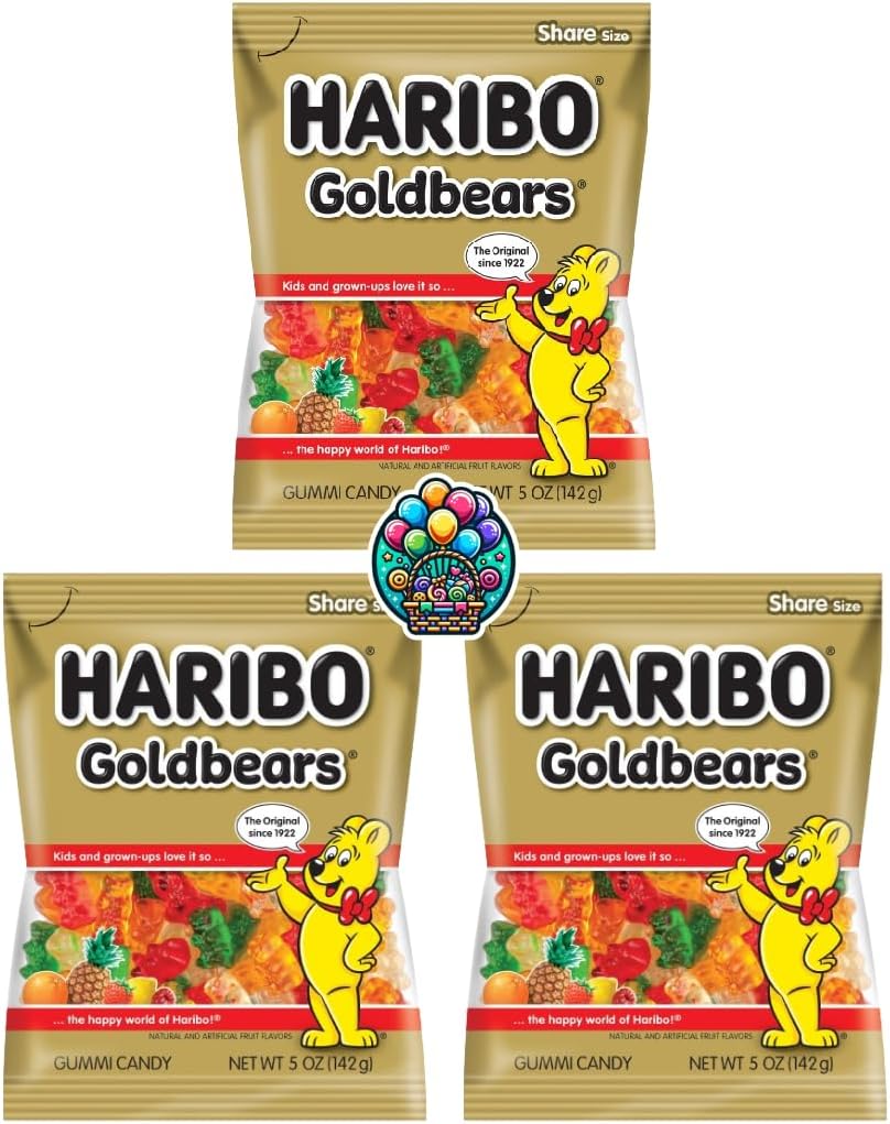 Gold Bears Gummy Chewy Candy - 5oz. (Pack of 3) Share Size Peg Bags for Halloween, Christmas and more in a NikAn Supplies Bag (GoldBears)