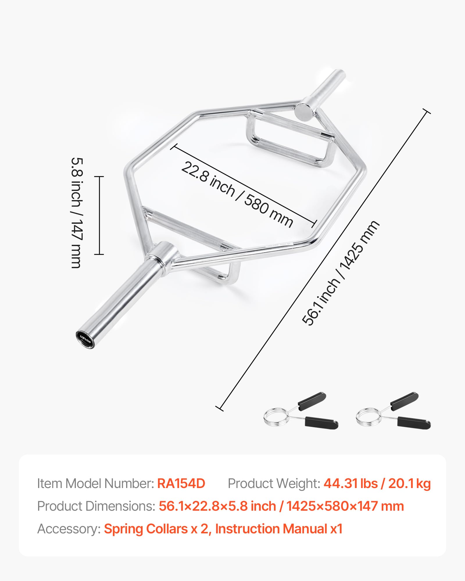 VEVOR Barra Manubrio Esagonale con Impugnatura Antiscivolo per Allenamento 50 mm Capacità Carico 360 kg, Attrezzatura per Sollevamento Pesi Allenamento della Forza, da Palestra per Squat, Argento