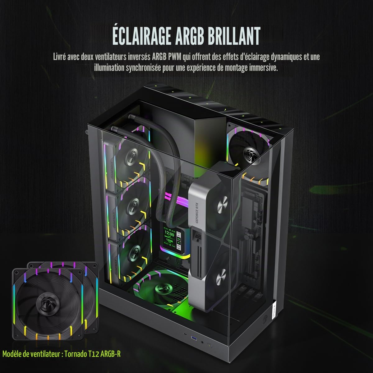 GAMEMAX T20 BK Boîtier PC Gamer Noir Micro-ATX Verre Trempé 270° Aquarium 90° Carte Mère GPU Vertical 2×120mm ARGB Radiateur 360mm SFX BTF-Ready pour RGB Gaming