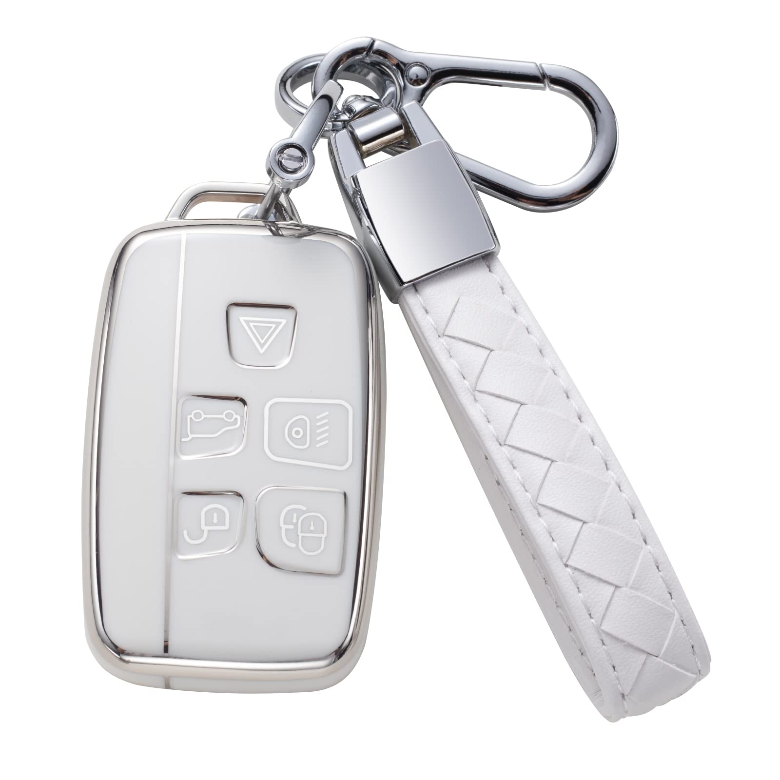 CHEZENHUI Compatible with Land Rover Key Fob Cover with Leather Lanyard, Car Key Case Shell Protection for Land Rover Freelander 2 3 Aurora Discovery 3 4 Sporty Smart Remote Control, White