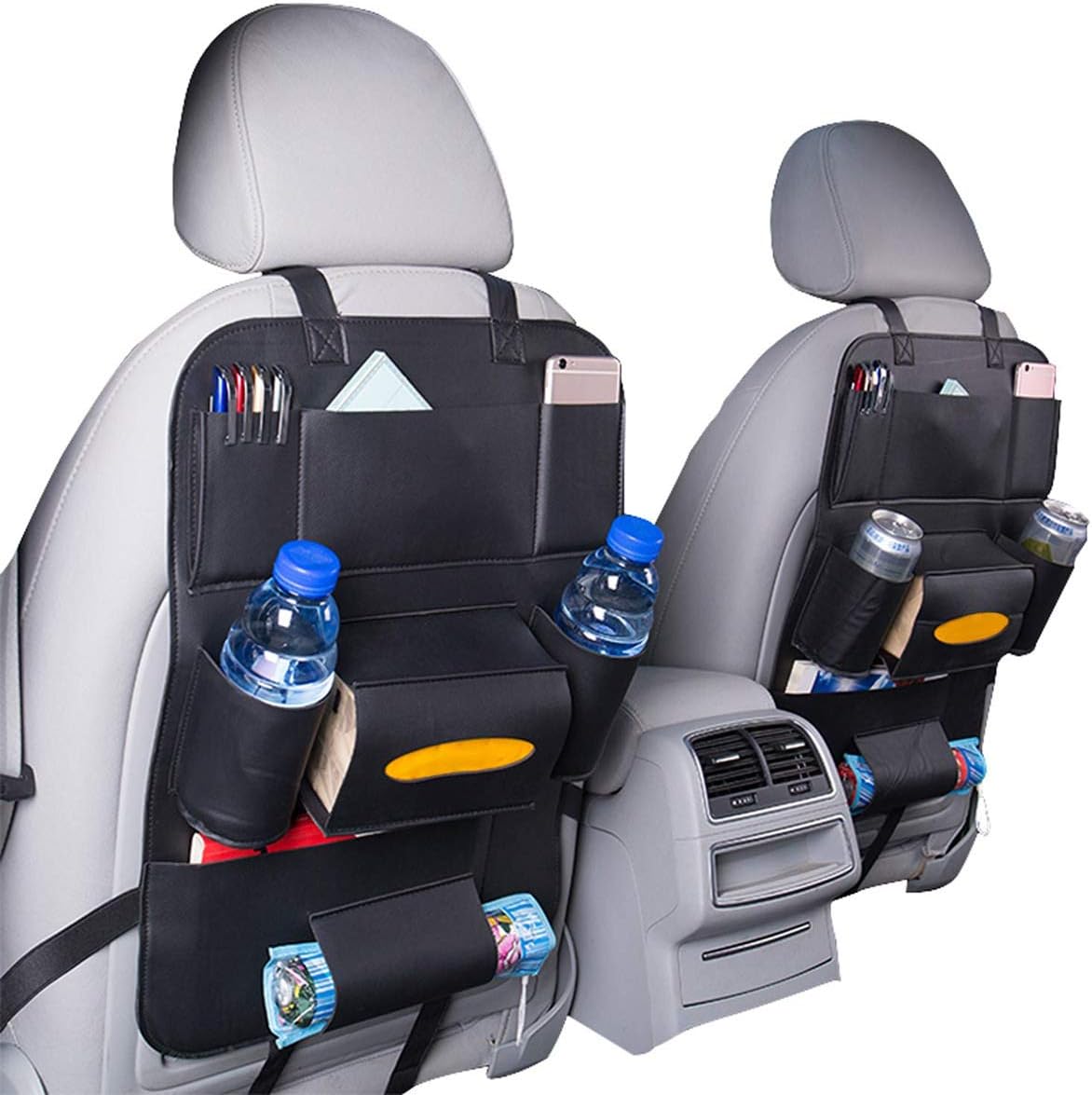 HCMAX 2 Pack Car Seat Back Organizer Pocket Backseat Protector Storage Kick Mat Holder Cup Holder Umbrella Tissue Box Great Travel Accessory PU Leather Black