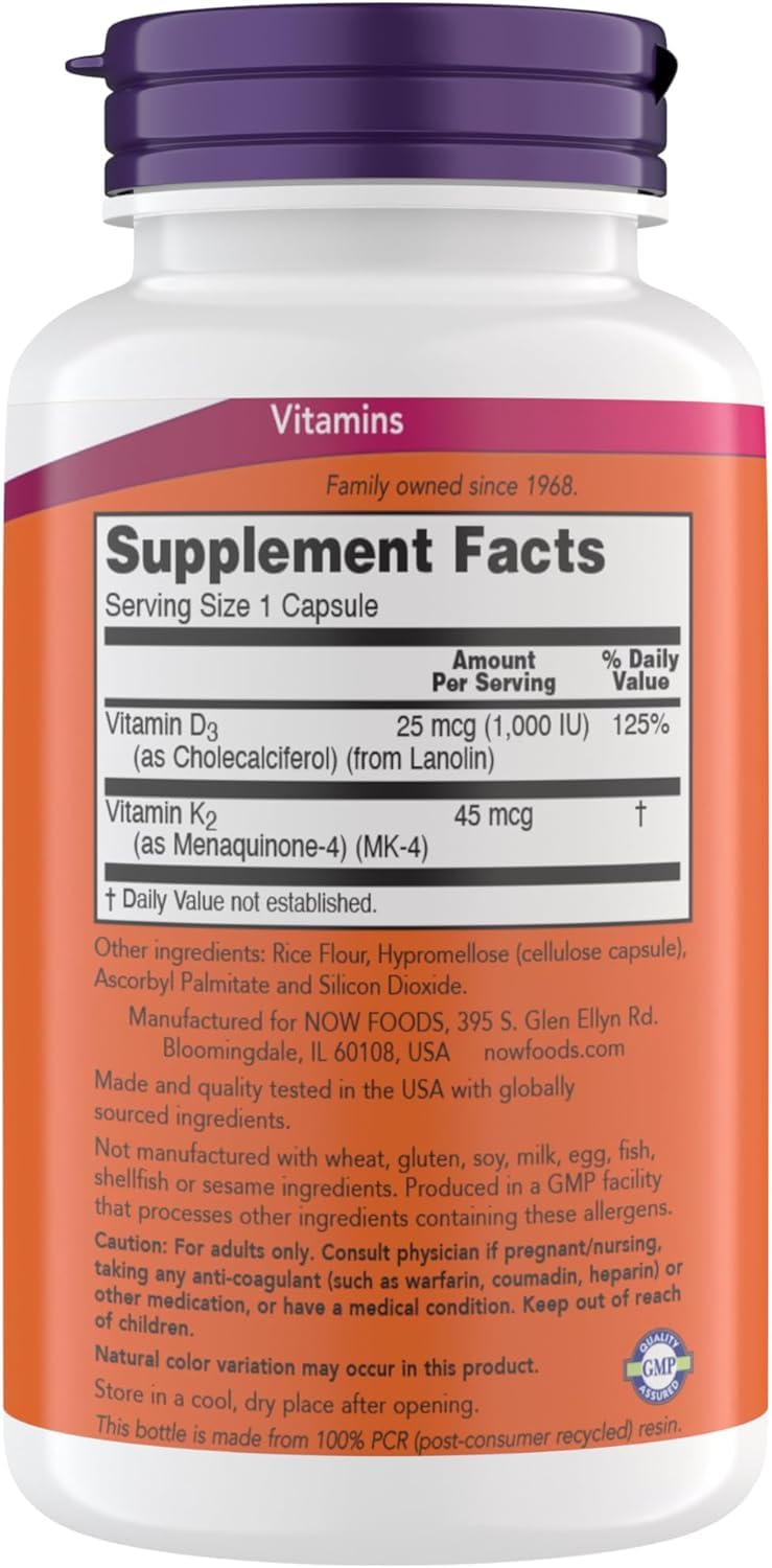 Now Supplements Vitamin D3 K2, 1,000 IU/45 mcg, Cardiovascular Support, Supports Bone Health, 180 Vegetarian Capsules - Vegan, Gluten Free, Kosher Vitamin D3 and K2 Supplements (2) — Amazon image 2