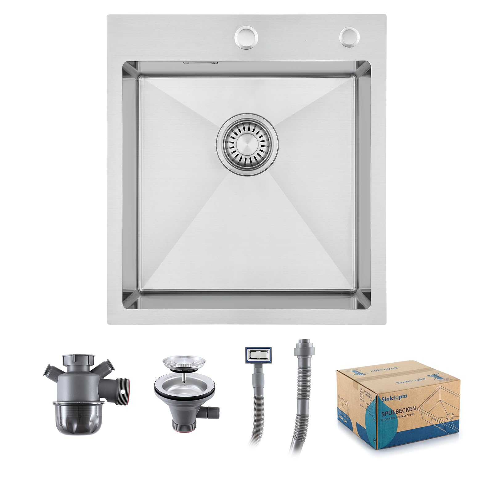 Kitchen Sink with Waste Kit, 2 Tap Holes Stainless Steel 304 Thick Deep Basin Single Bowl, Sinks with Strainer Overflow for Home Kitchen Campervan Utility Room Bar Brushed Stainless 45×50 cm