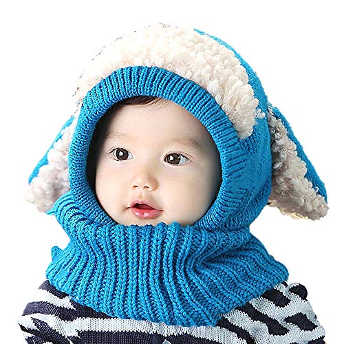 Luoistu 3 in 1 Baby Mütze Schal Jungen Mädchen Wintermütze Warmen Schnee Knit mütze schal set mit Ohrenklappe, süßer Hundestil, für Kinder von 6-36 Monaten(Blau)