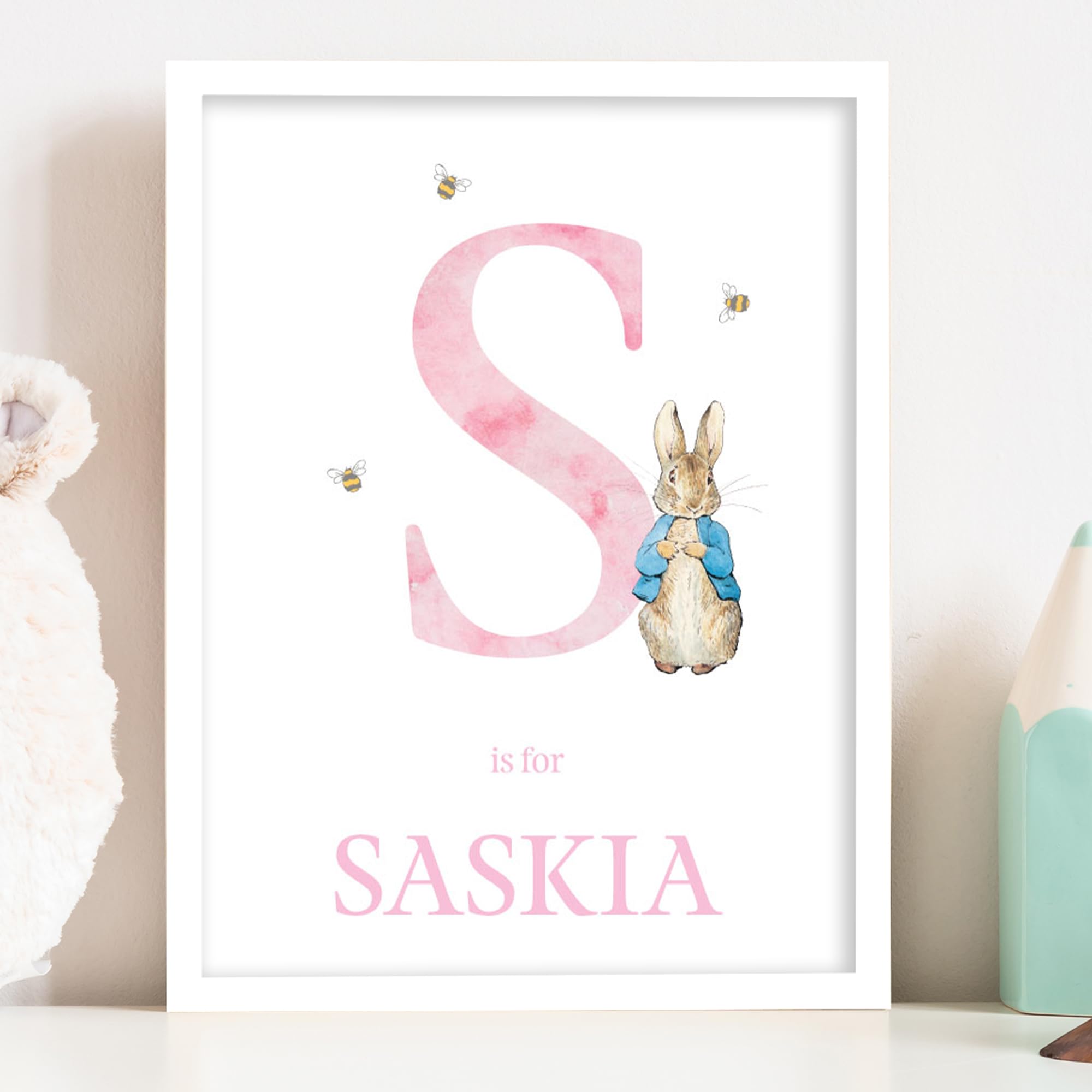 Themed Peter Rabbit Print - Pink Letter and Name Personalised Nursery Wall Art (A4-21cm x 29.7cm)