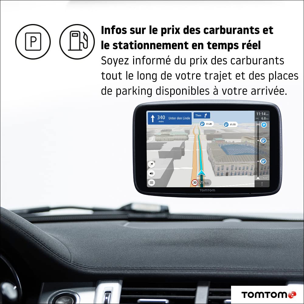 TomTom GPS Voiture GO Discover, 5 Pouces, Info Trafic, Alertes de Zones de Danger, Cartes Monde, Mise à Jour Rapide Via WiFi, Parking, Prix du Carburant, Fixation Magnétique Alimentée Noir