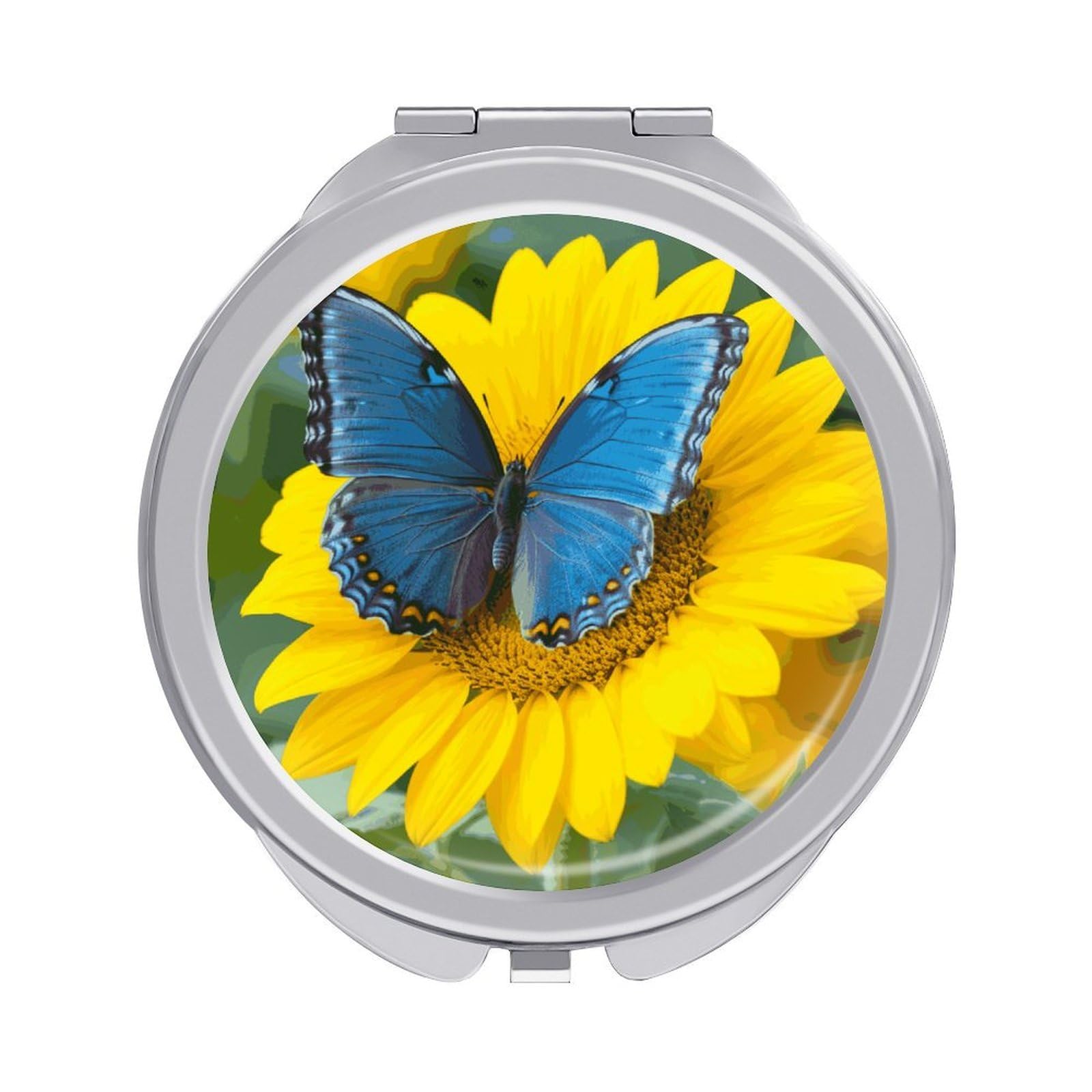 LDGSUPH Sunflower Blue Butterfly Travel Makeup Mirrors Portable Compact Mirror Double-Sided 2X/1X Magnifying Folding Pocket Mirror Mini Round Handheld Mirrors for Home Outdoor
