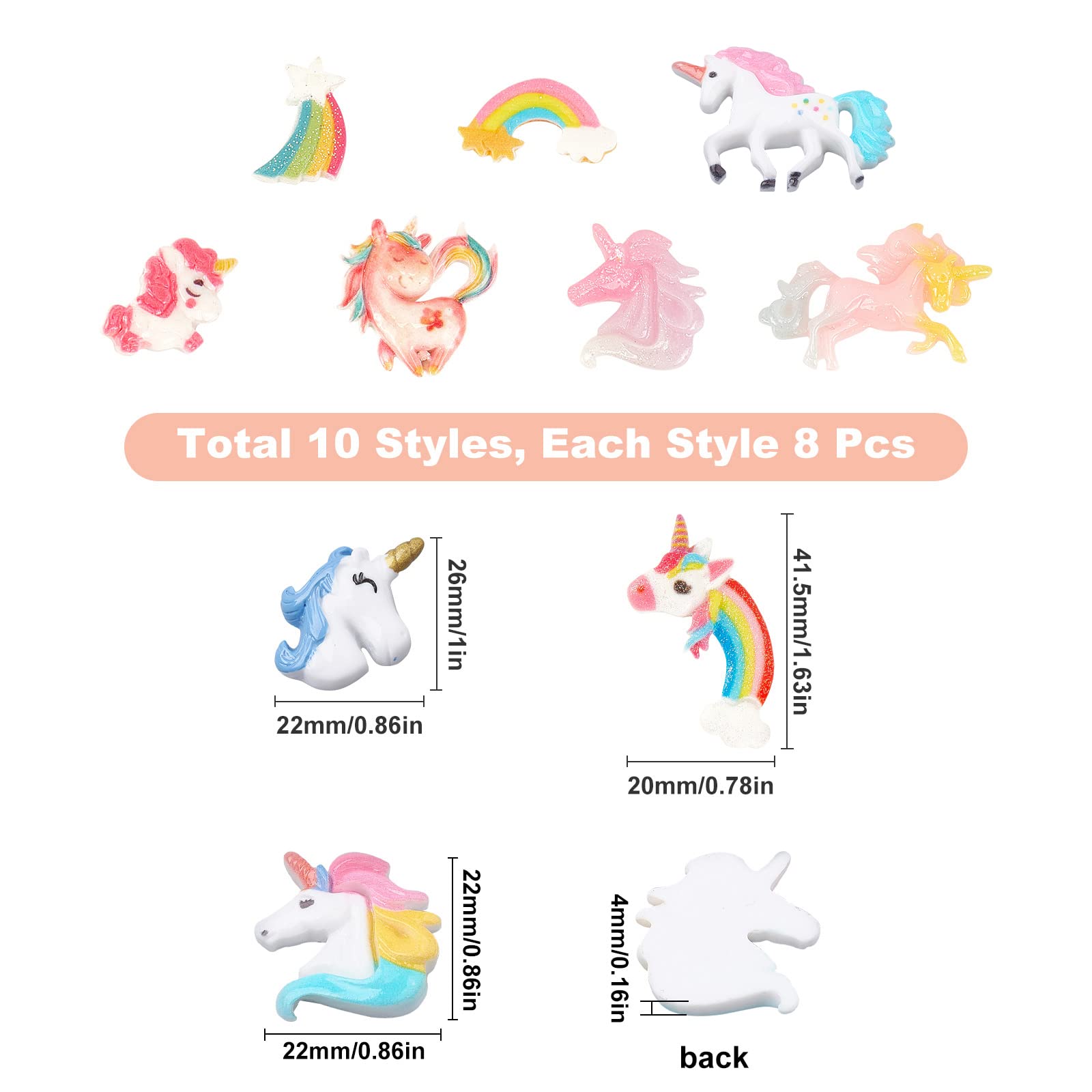 SUNNYCLUE Einhorn-Regenbogen Cabochons – 80 Stück, 10 Designs – Harz-Flatbacks Für DIY & Deko