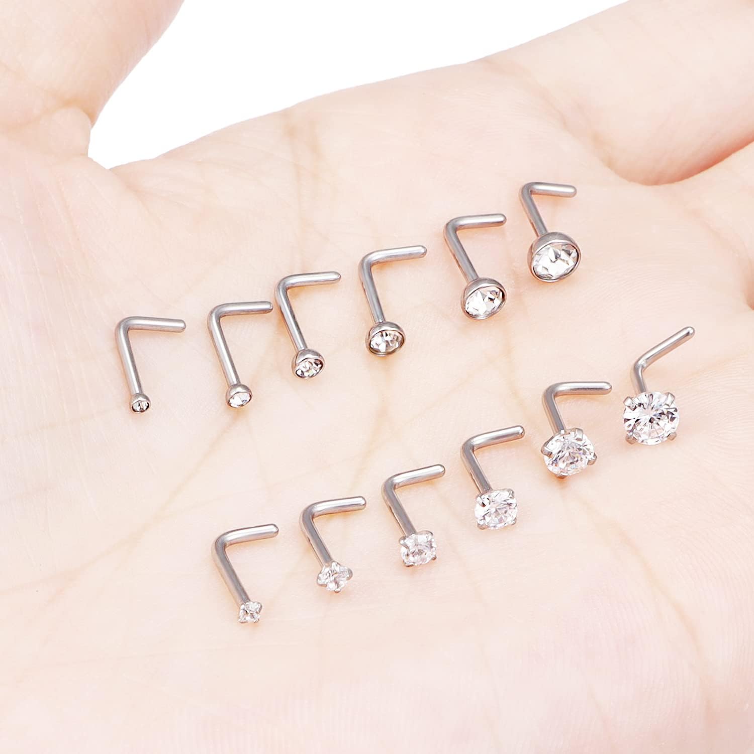 18G 20G 22G 24G Nose Rings Studs 316L Surgical Steel L Shaped Nose Nostril Studs Piercing Jewelry for Women Men Silver Gold Black CZ 1.5mm 2mm 2.5mm 3mm 3.5mm 4mm