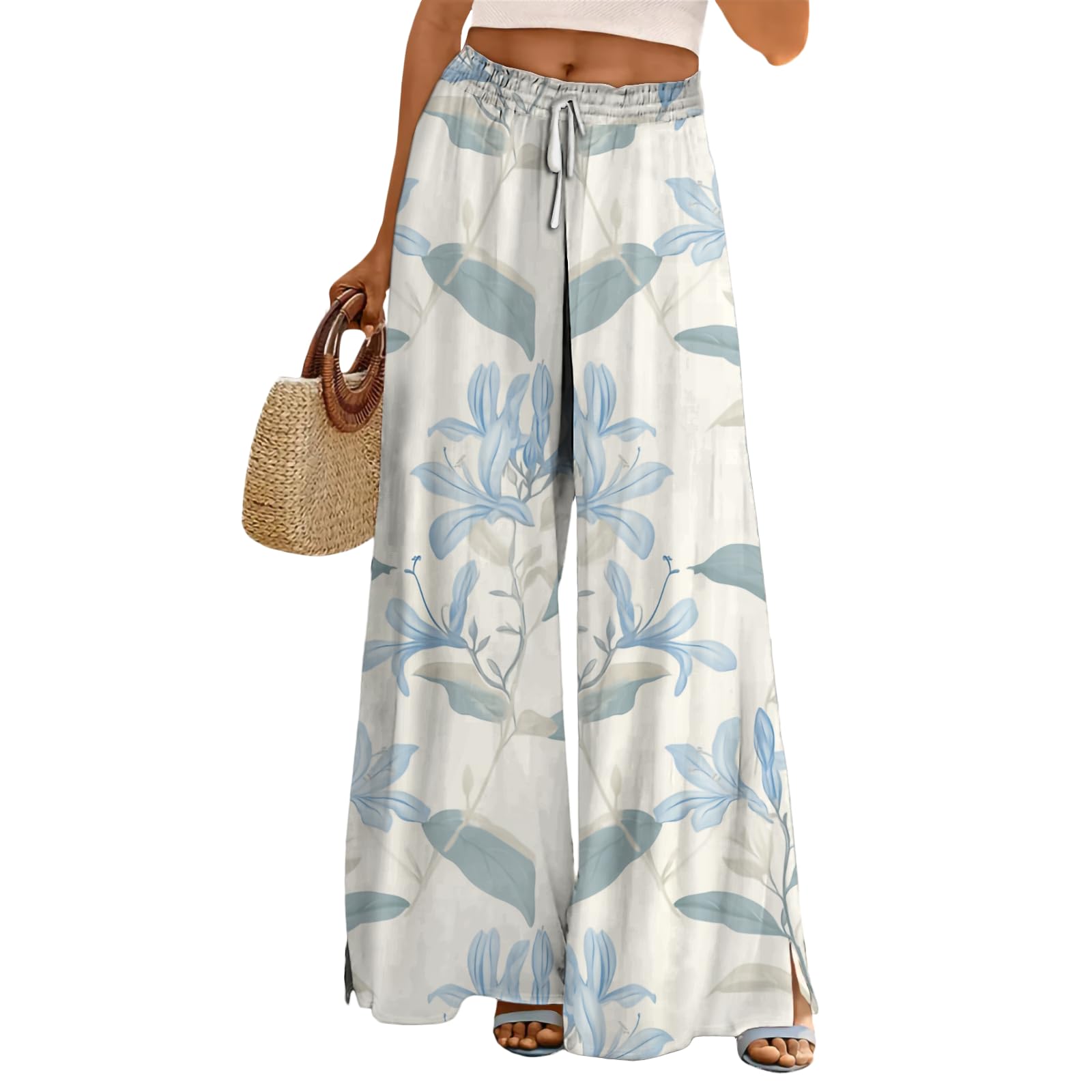 MARSVOVO Pants for Women Trendy Wide Leg Summer Loose Drawstring Ankle Elastic High Waisted Comfort Breathable Trousers