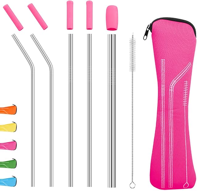 Uoking Reusable Metal Drinking Straws Set, with Silicone Tips Cover & 1 Cleaning Brushes for Smoothie, Boba, Bubble Tea and Cold/Hot Drinks (Pink)