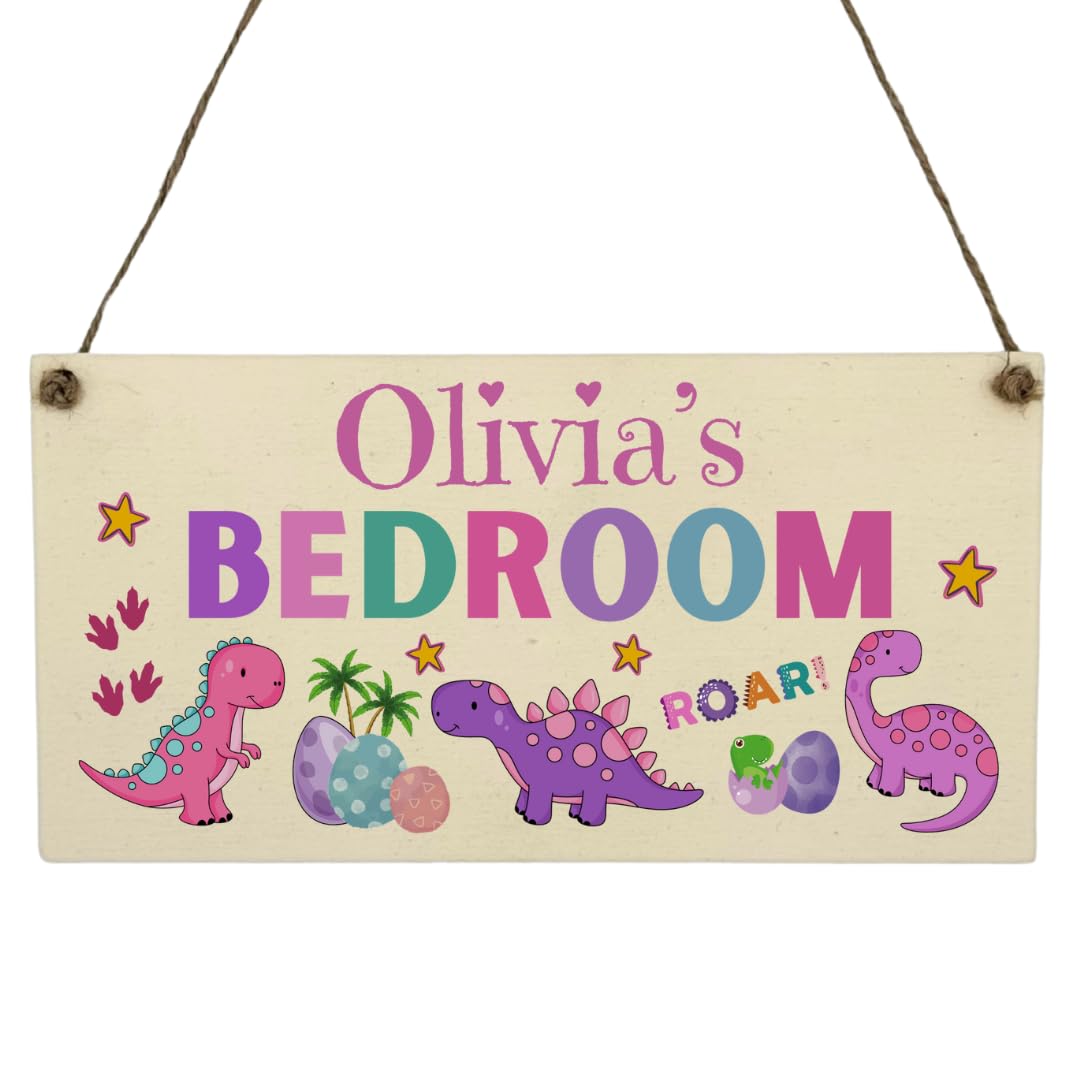 Second Ave Gift Company Girls Pink Second Ave Personalised Dinosaur Wooden Hanging Rectangle Children's Bedroom Playroom Sign Plaque