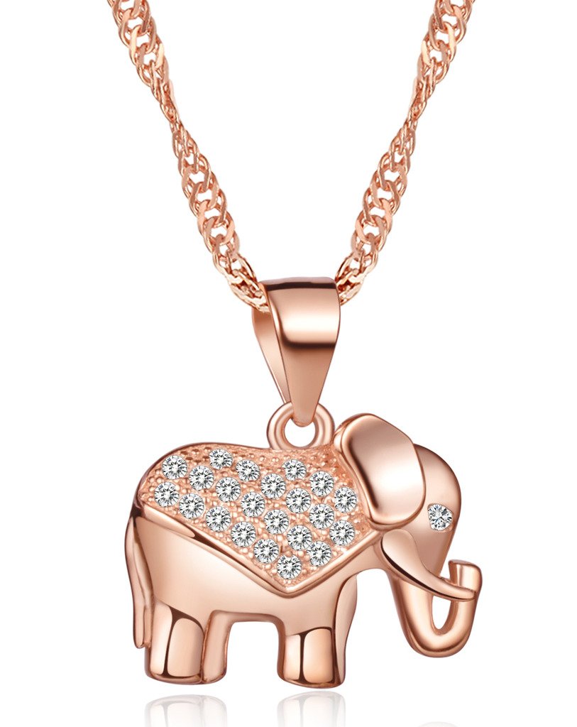 Infinite U Elegant Elephant Women Necklace 925 Sterling Silver Rhodium Plated Cubic Zirconia Pendant 18" Chain, Rose Gold