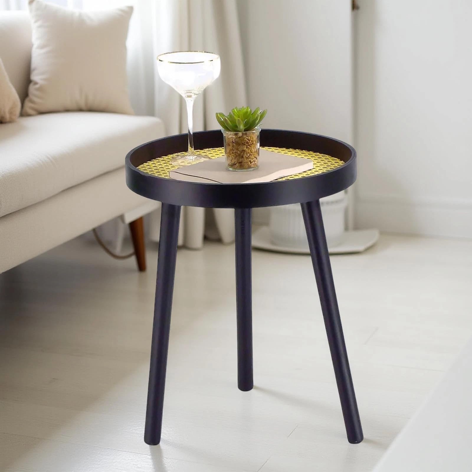 NEW Black Round Coffee Table With Cane Detail Table Top Sofa Living Room