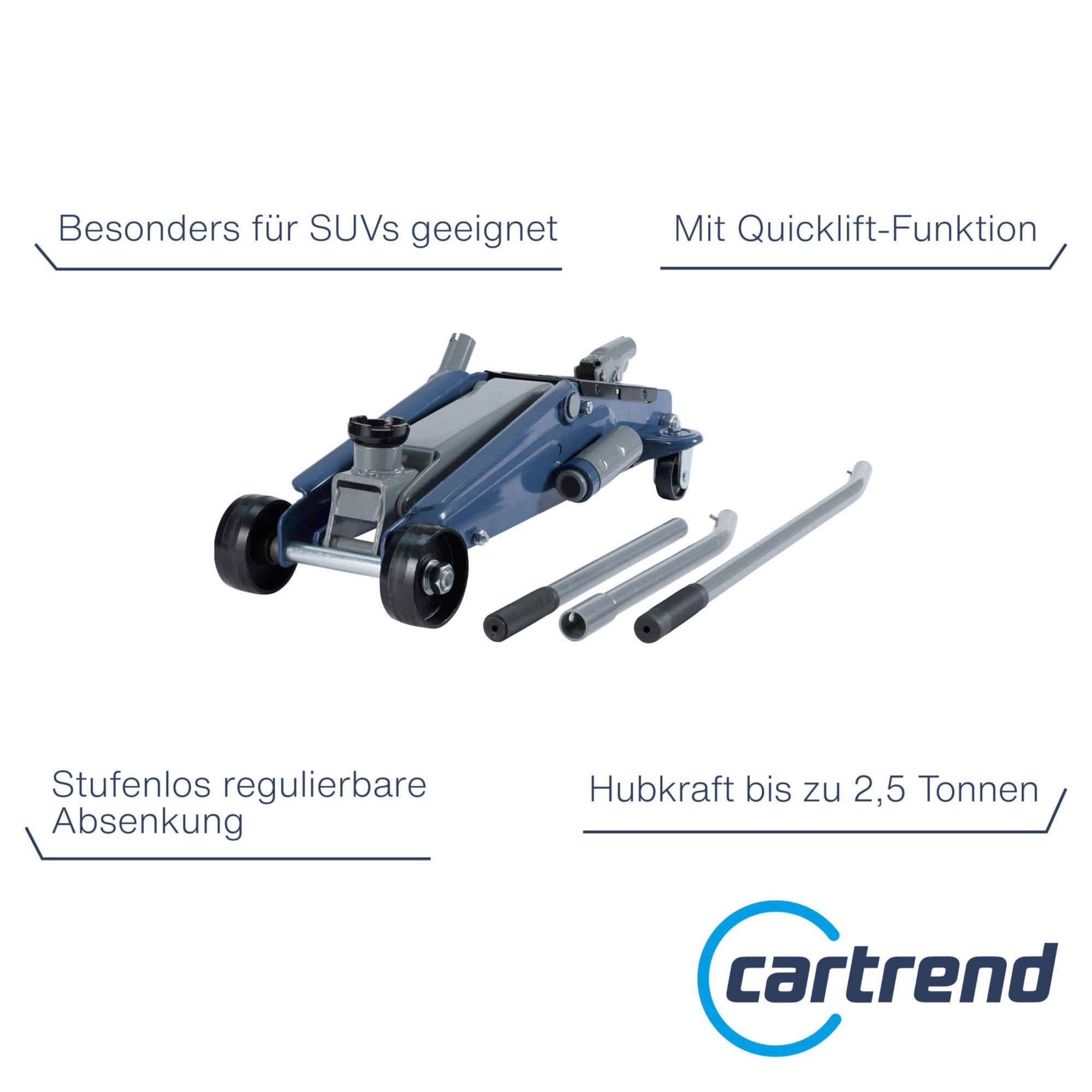 Cartrend hydraulischer Wagenheber, Rangierwagenheber für SUVs und Geländewagen mit Quicklift-Funktion, 2,5 Tonnen, blau