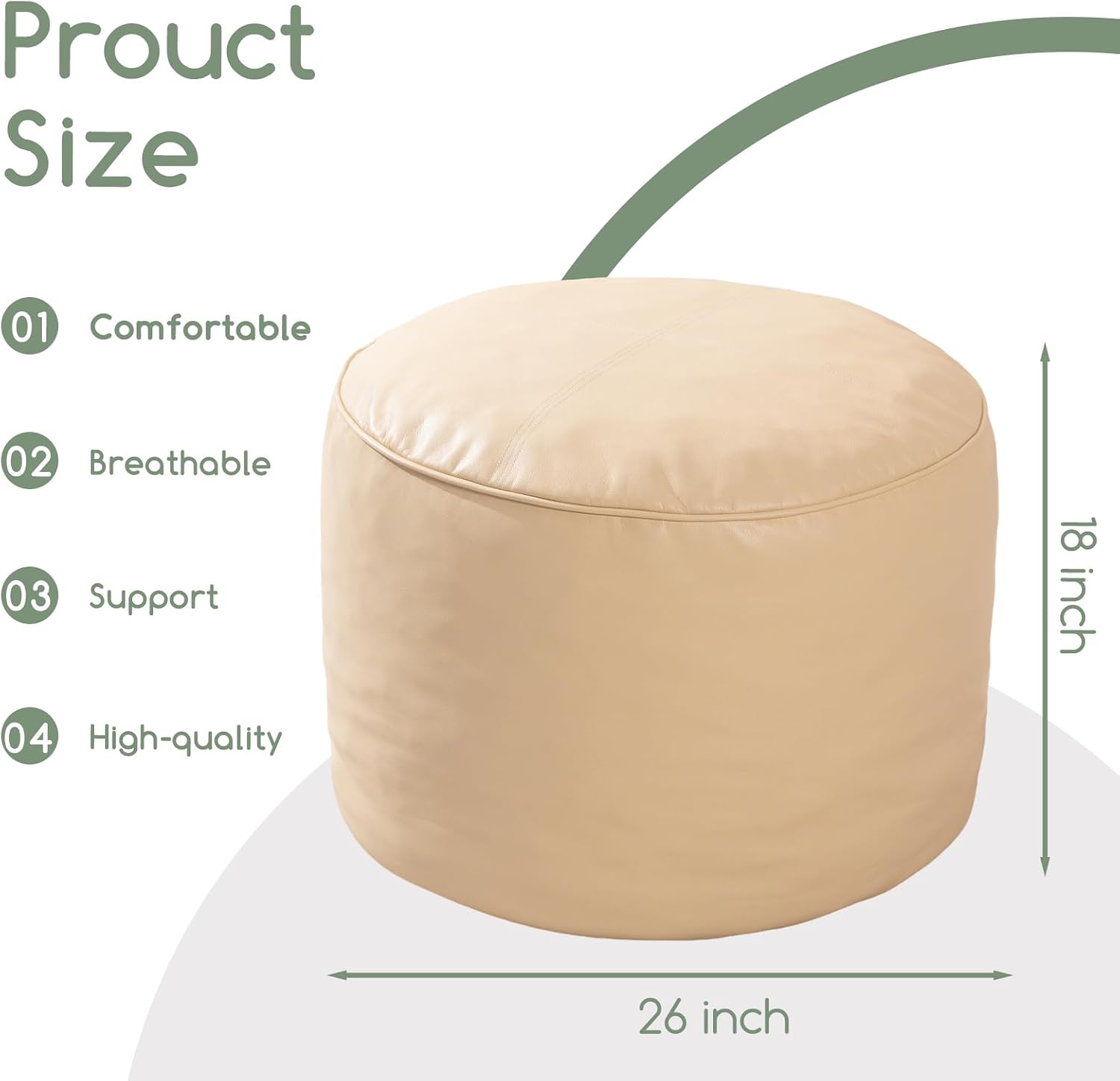 HIGOGOGO Round Stuffed Pouf Ottoman, Pu Leather Poufs with Foam Chunk Filling, Furry and Fluffy Pouf Foot Stool Storage Ottoman, 26 X 18 Floor Poufs Foot Rest for Living Room, Beige image 2