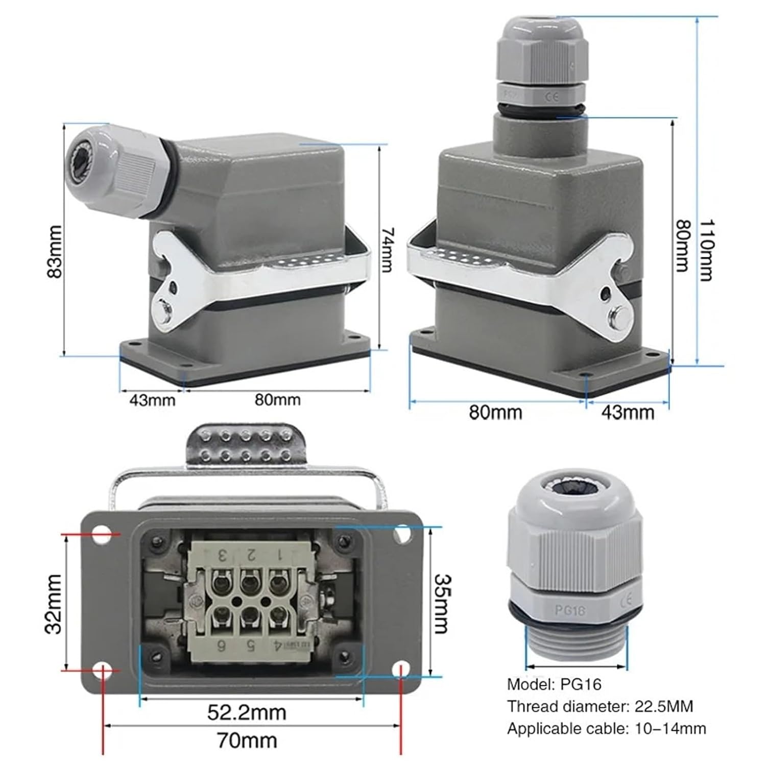 HDC-HE-06 Rectangular Heavy Duty Connector 6pins Aviation Socket Industrial Wire 16A 500V 1Pcs(Top line)
