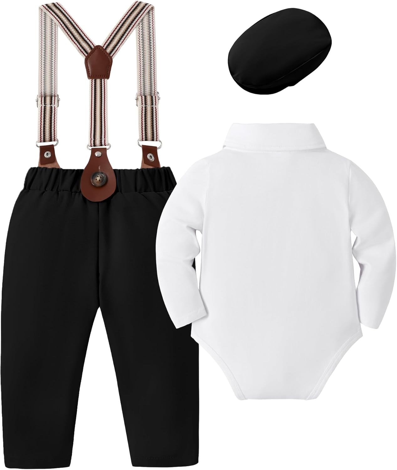 YUEMION Baby Boy Clothes Wedding Outfit Infant Tuxedo Gentleman Suits Dress Shirt+ Beret Hat +Suspender Pants +Bowtie 0-18M