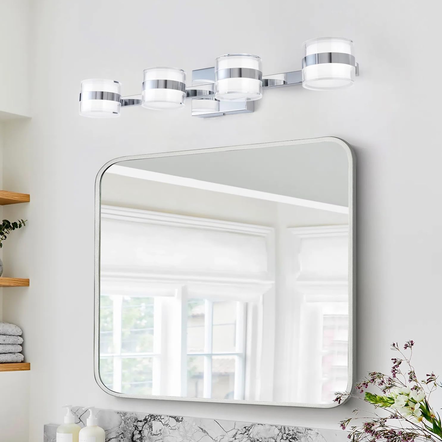 4-Light Bathroom Light Fixtures, 𝟐𝟕.𝟔 𝐈𝐍𝐂𝐇 Giant Bathroom Lights Over Mirror, Modern Wall Sconces with 3CCT Adjustable, Chrome Vanity Lights for Bathroom Makeup Hallway