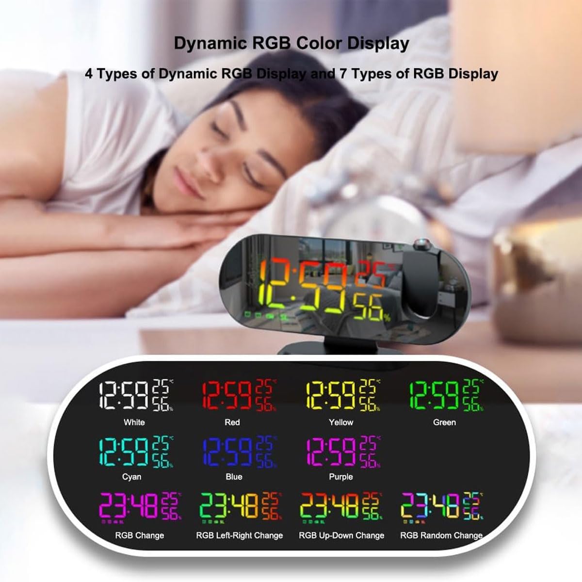 Projektionswecker, um 180° drehbare Projektor-RGB-Uhr, LED-Digital-Temperatur-Feuchtigkeitsmonitor mit Radio, Schlummerfunktion, 4-Stufen-Dimmer, 12/24 Stunden, USB-Ladeuhr für Schlafzimmer