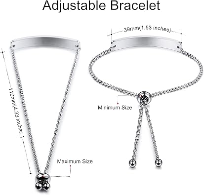 MeMeDIY Personalized Bar Heart Bracelet Customized Engraving Name Date ID for Women Girlfriend Stainless Steel Adjustable Anklet Link Best Friend Bridesmaid Gift