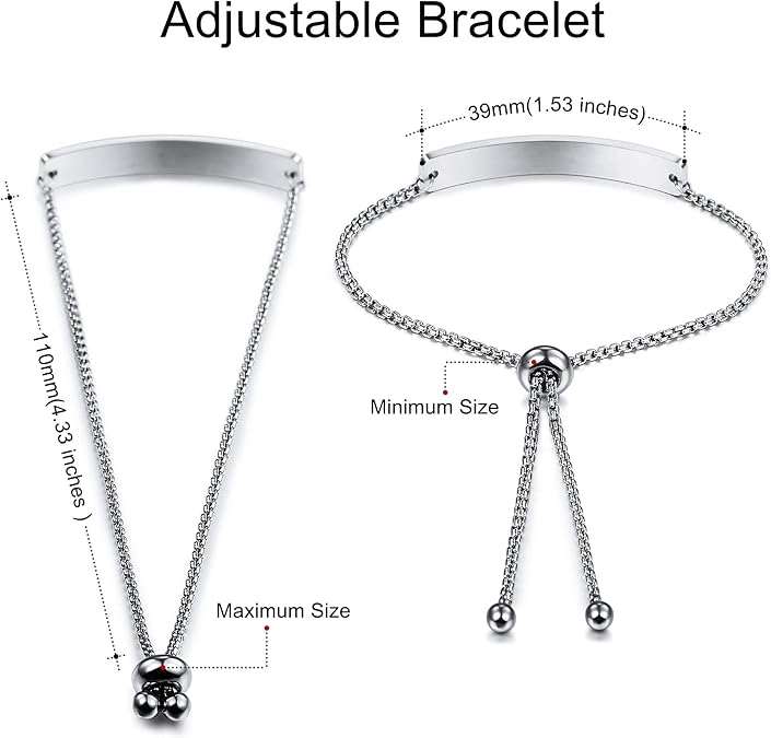 MeMeDIY Personalized Bar Heart Bracelet Customized Engraving Name Date ID for Women Girlfriend Stainless Steel Adjustable Anklet Link Best Friend Bridesmaid Gift