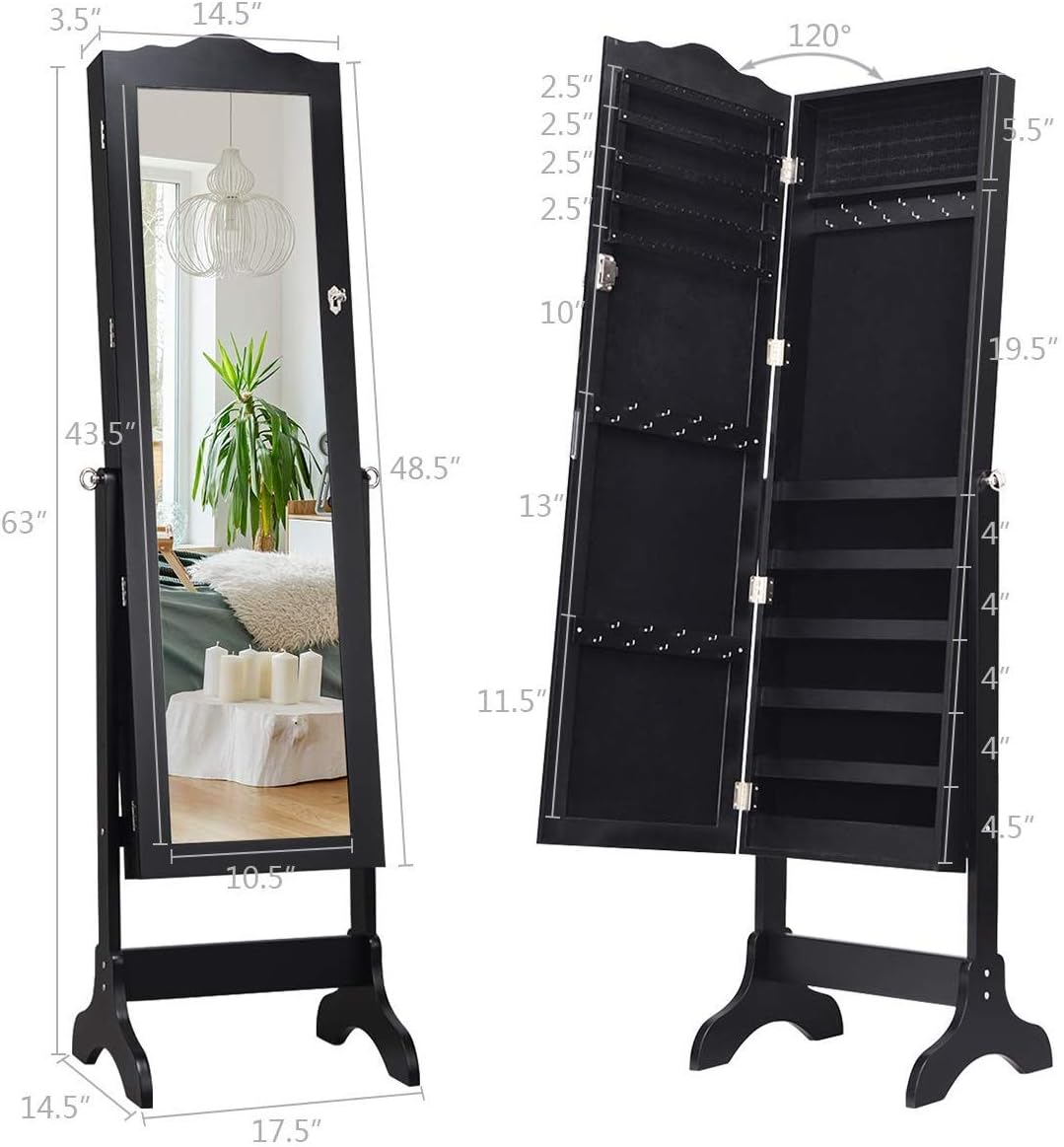 Giantex Jewelry Armoire with Full Length Mirror, Lockable Standing Jewelry Cabinet, Mirror with Jewelry Storage, Ring Earring Necklace Makeup Display, Jewelry Organizer Box for Women Girls, Black