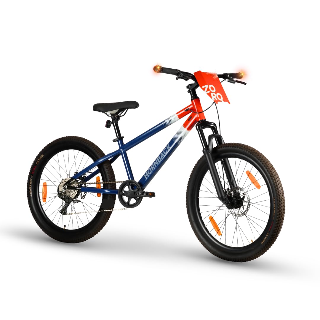 HORNBACK ZORQ+ 21-Speed Non-Foldable Bicycle (Blue & Orange) | 26" FXK Pro Lockout Suspension | Gear Cycle for Men & Women | Shimano Tourney, PulsePods Lights, Steel Frame Bicycle-image-20