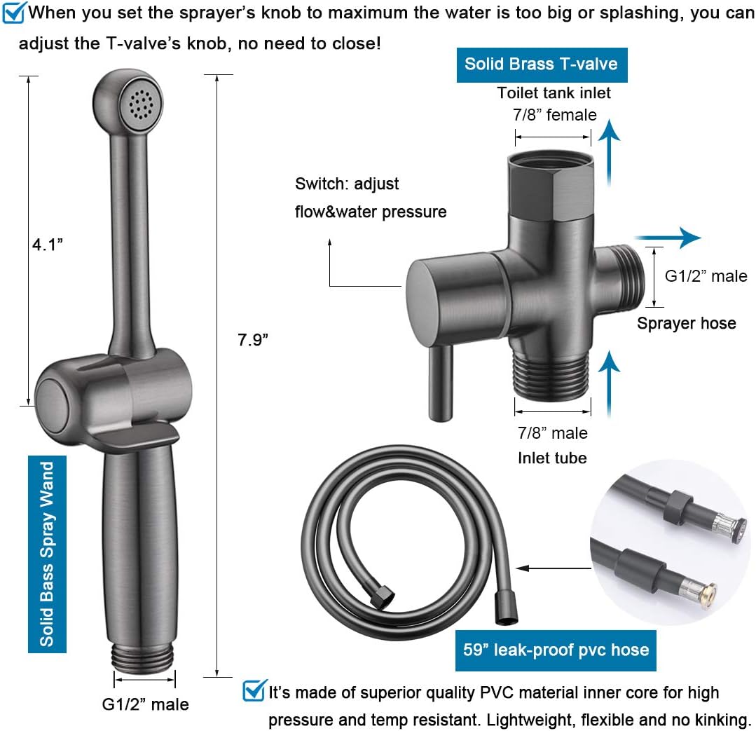 Handheld Bidet Toilet Sprayer, Black Bidet Spray for Toilet, Cloth Diaper Sprayer with Backflow Preventer, Adjustable Water Pressure Brass Hand Held Spray Attachment