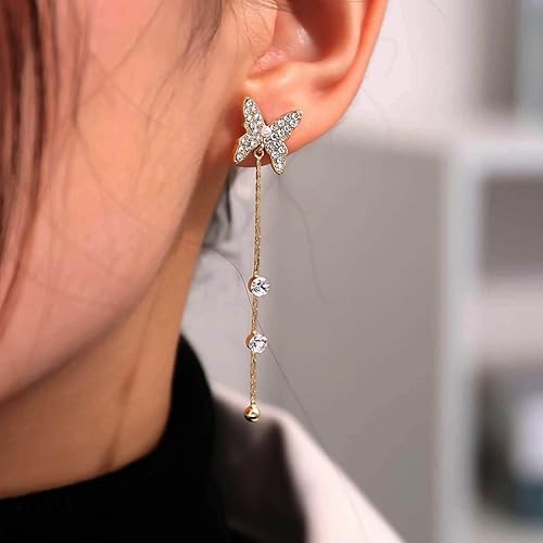 Vintage Crystal Butterfly Drop Earrings Long Rhinestone Chain Tassel Earrings Gold Butterfly Cz Chain Earrings Pearl Butterfly Stud Earrings Jewelry for Women