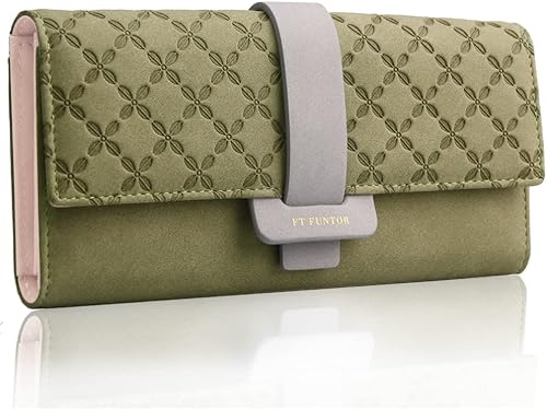 Miniatura 7 de FT Funtor Carteras RFID para mujer billetera triple con bolsillo con cremallera para monedas cuero vegano monedas bolsillo con cremallera y ventana